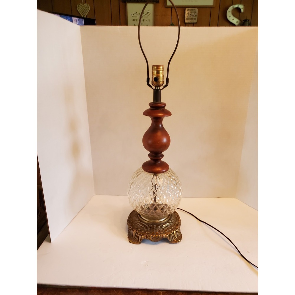 Beautiful Vintage Mid Century Clear Optical Glass, Brass & Wood Table Lamp